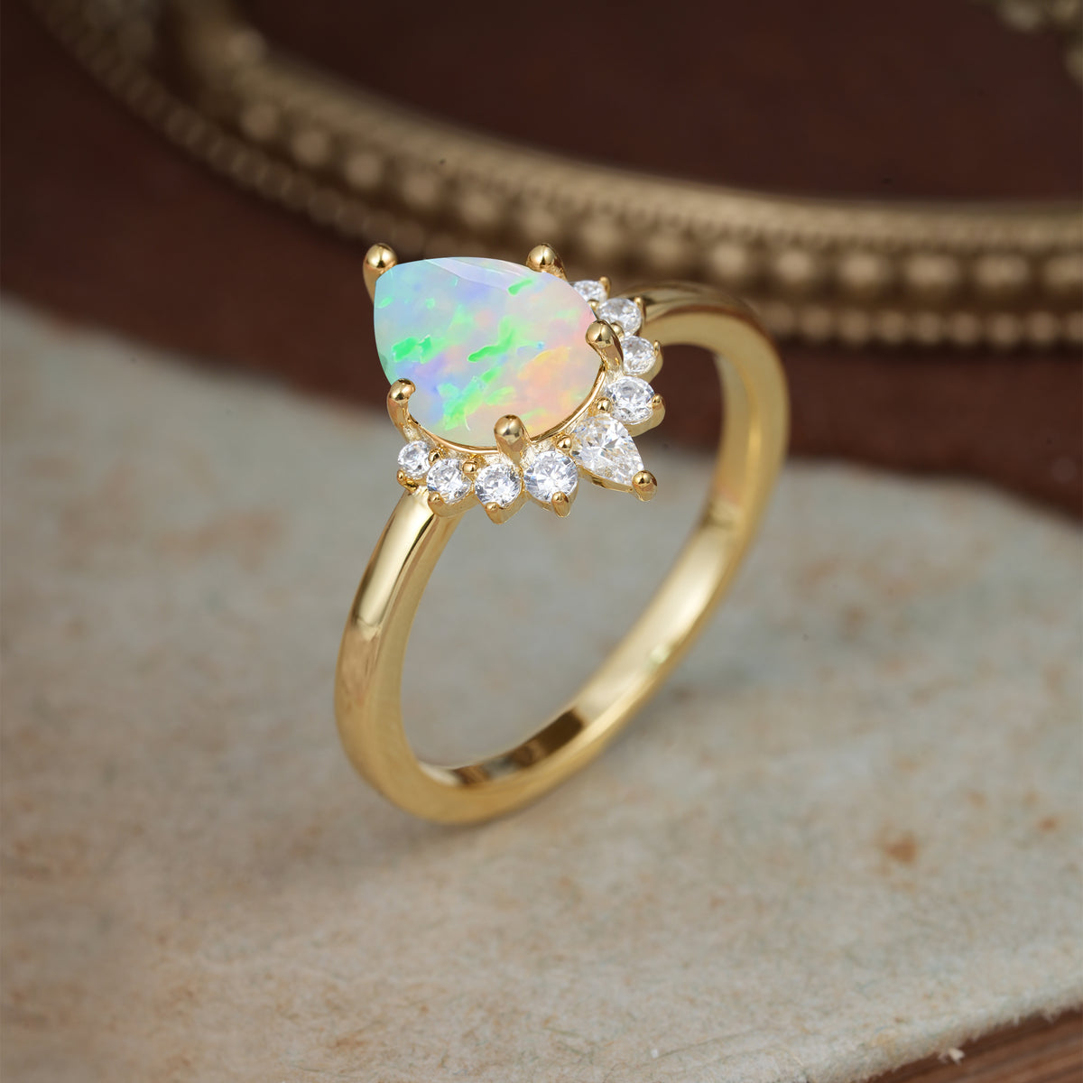 4CT Emerald Cut Fire Opal Engagement Ring Vintage Classic Side Stones Halo Bridal Ring     - Additional view