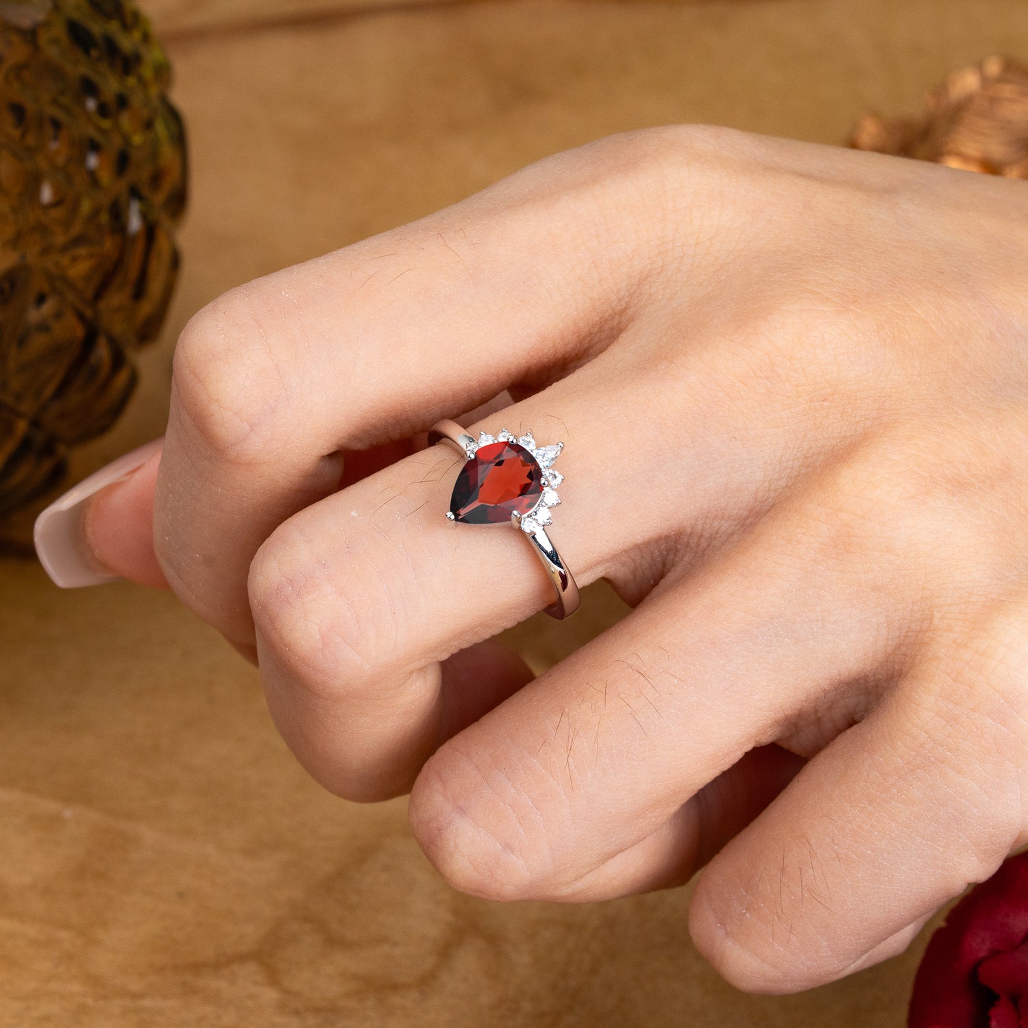 Pear Cut Vintage Garnet Engagement Ring Cluster Ring for Women