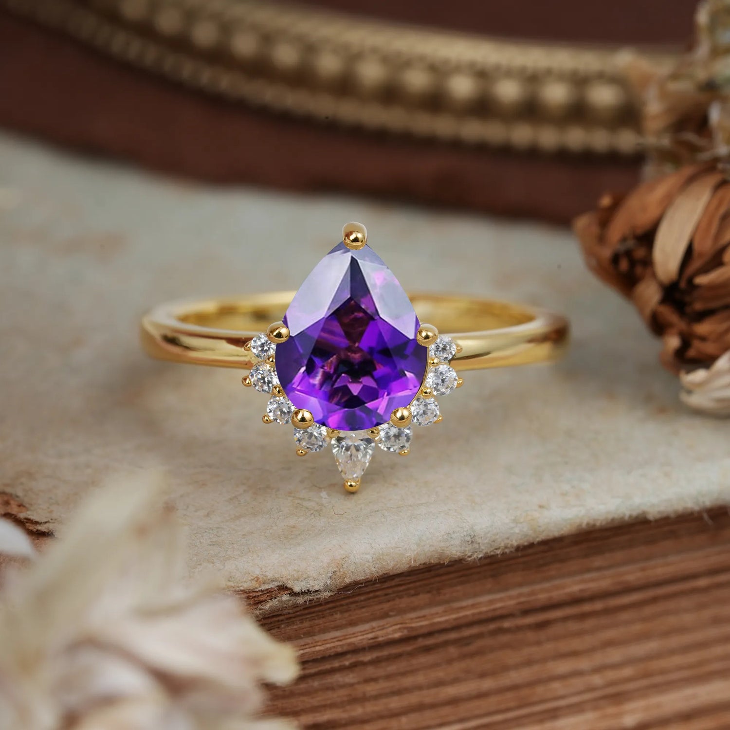Pear Cut Vintage Amethyst Engagement Ring Cluster Ring for Women