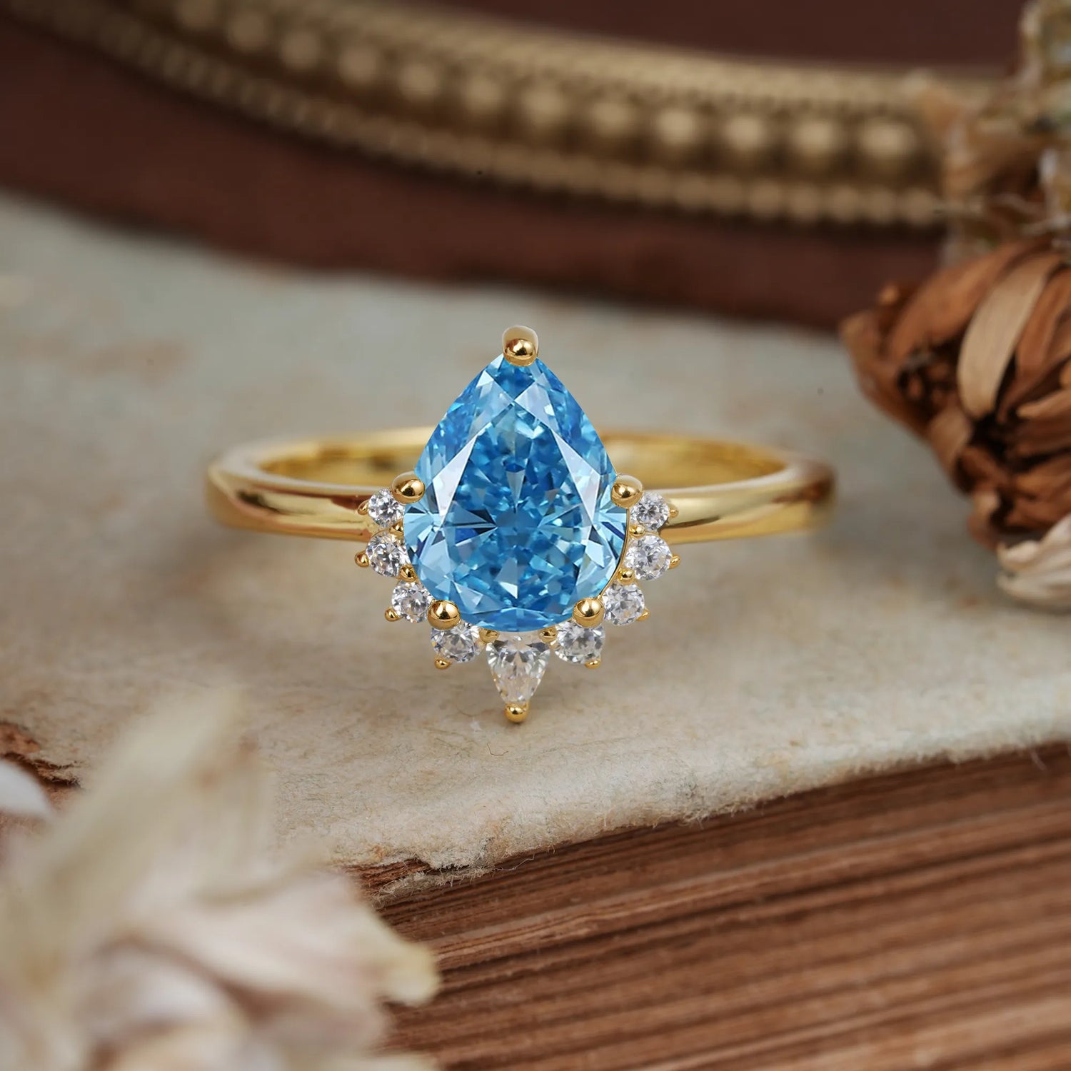 Pear Cut Vintage Aquamarine Engagement Ring Cluster Ring for Women