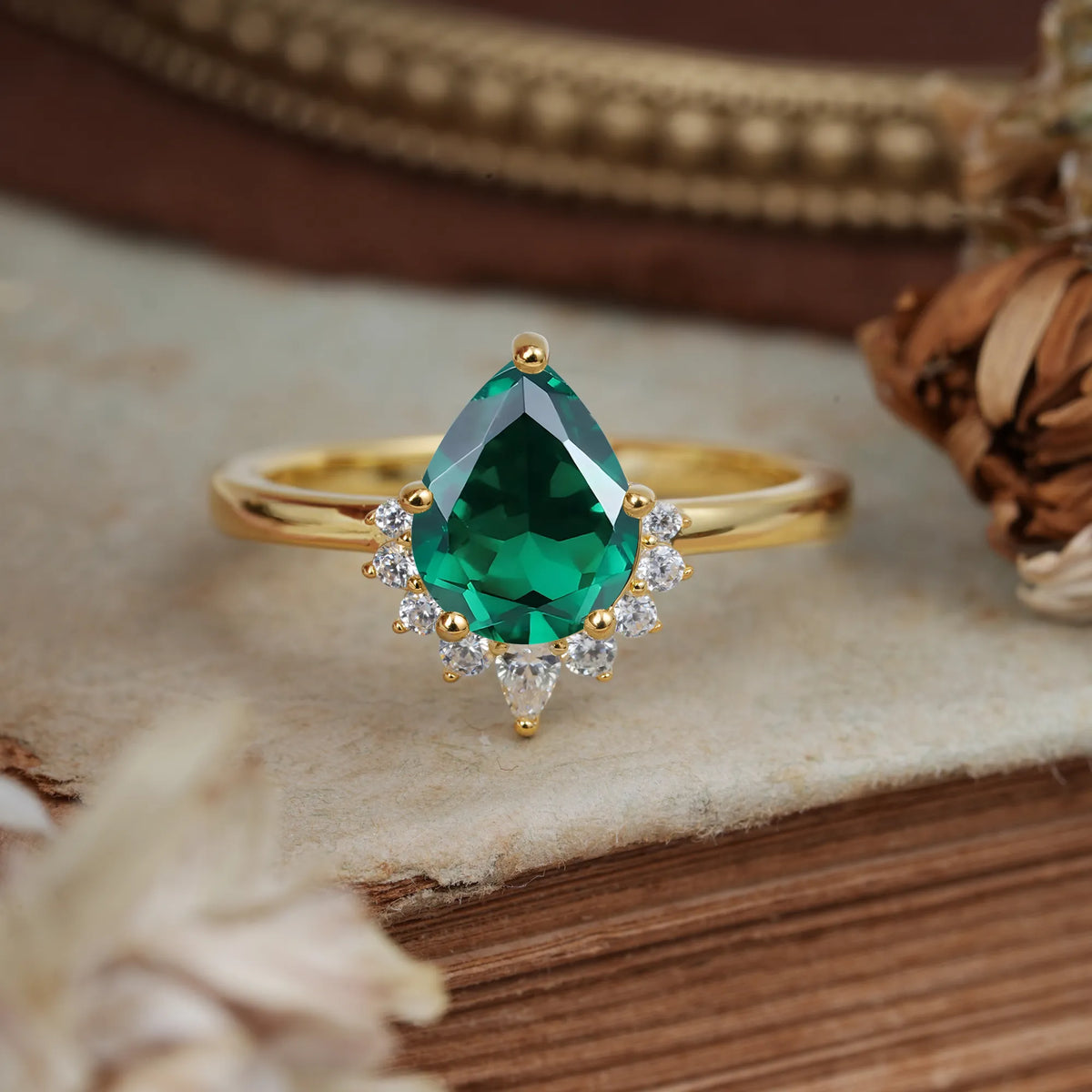 Pear Cut Vintage Emerald Engagement Ring Cluster Ring for Women - Romalar Jewelry