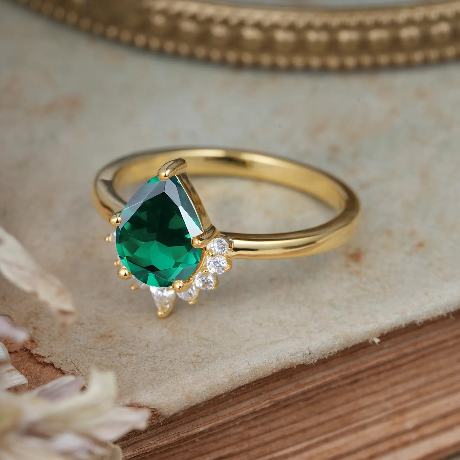 Pear Cut Vintage Emerald Engagement Ring Cluster Ring for Women