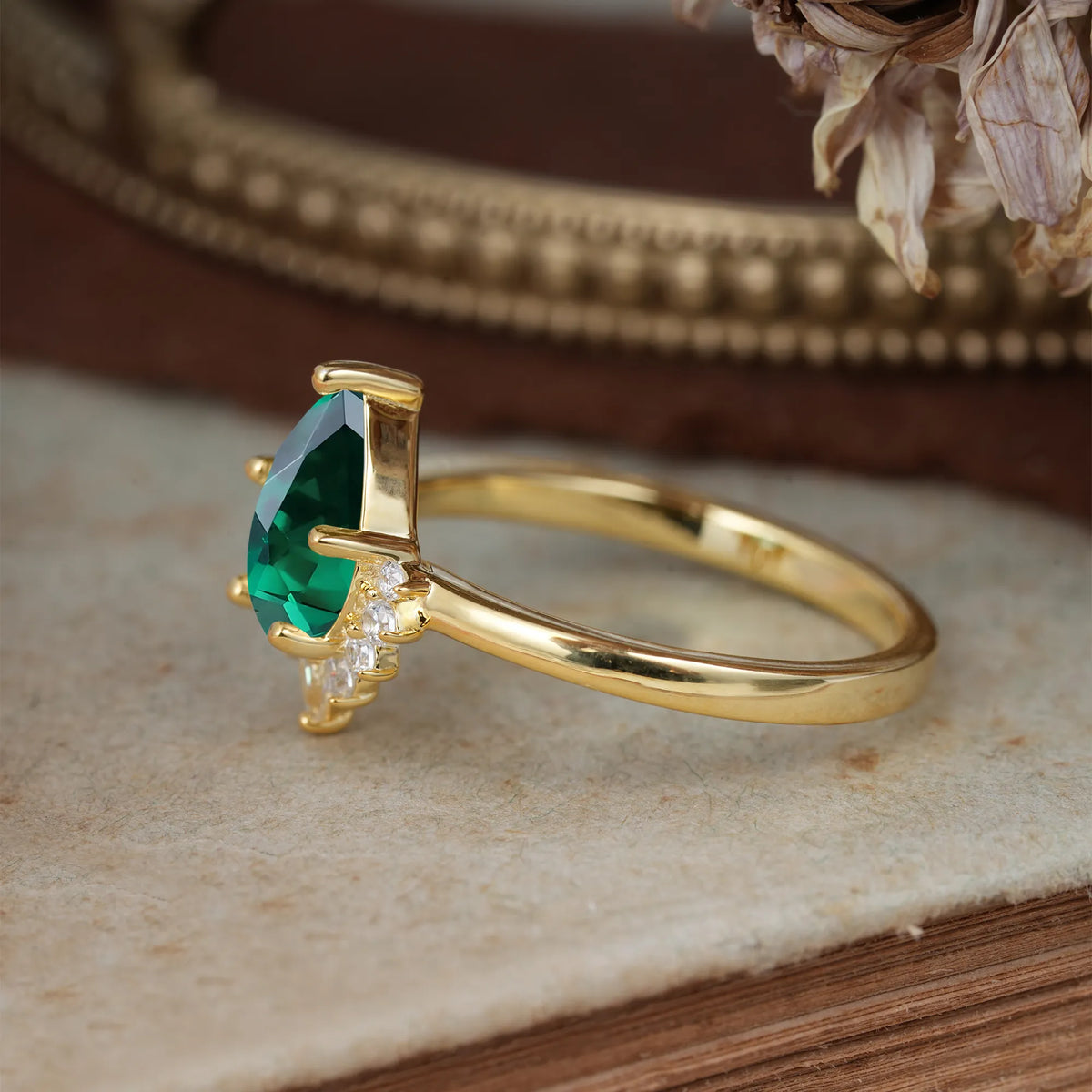 Pear Cut Vintage Emerald Engagement Ring Cluster Ring for Women - Romalar Jewelry