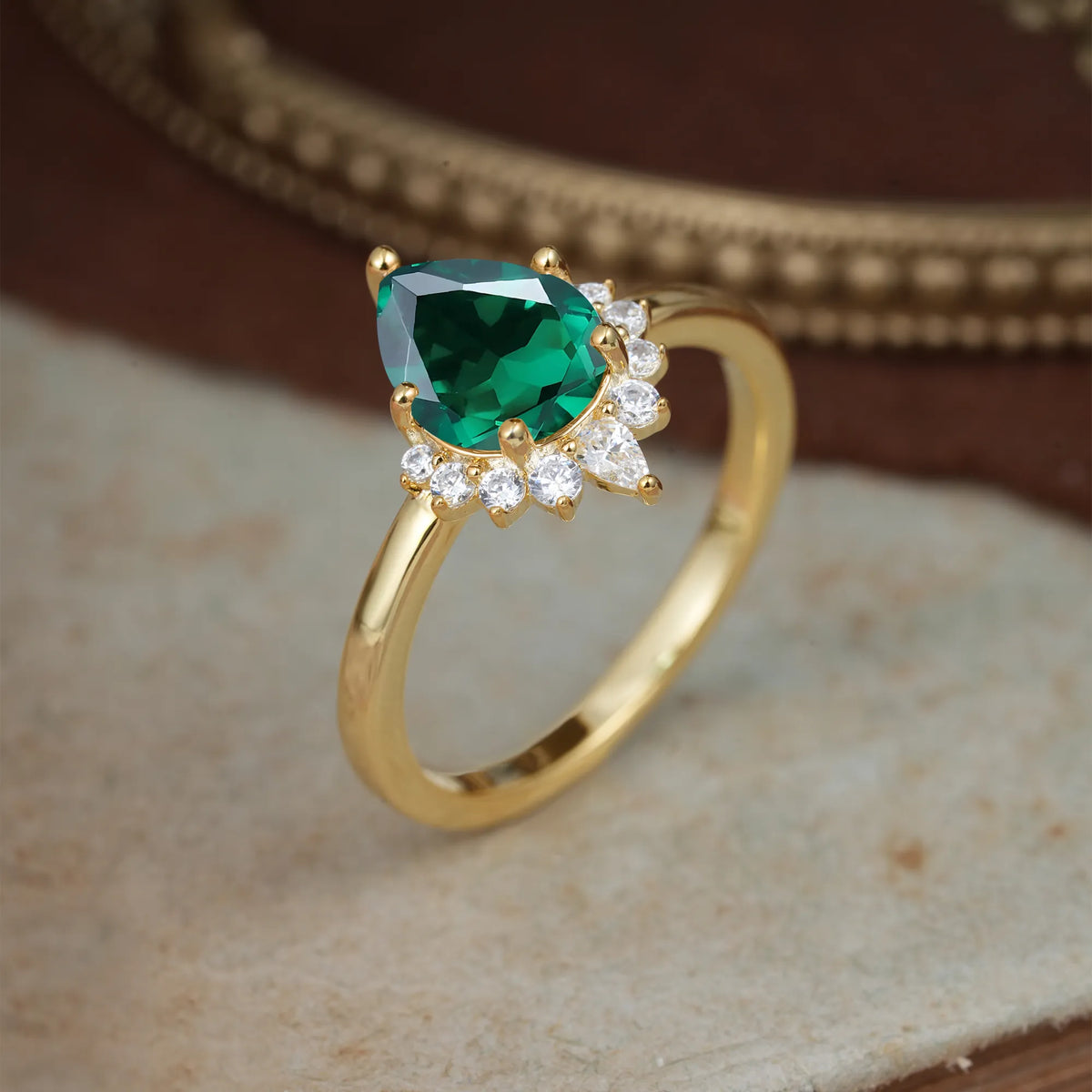 Pear Cut Vintage Emerald Engagement Ring Cluster Ring for Women - Romalar Jewelry