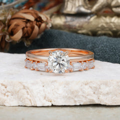 Round Cut Moissanite Solitaire Ring with Wedding Band Bridal Set
