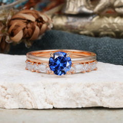 4 Prong Round Cut Sapphire Solitaire Ring with Wedding Band Bridal Set