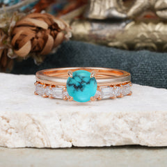 4 Prong Round Cut Turquoise Solitaire Ring with Wedding Band Bridal Set