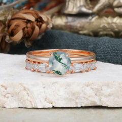 Round Cut Moss Agate Solitaire Ring with Wedding Band Bridal Set