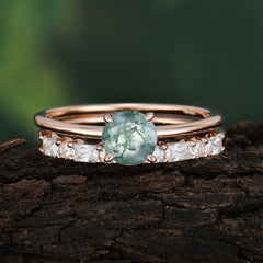 Round Cut Moss Agate Solitaire Ring with Wedding Band Bridal Set