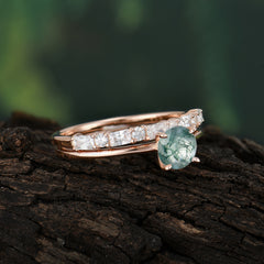 Round Cut Moss Agate Solitaire Ring with Wedding Band Bridal Set