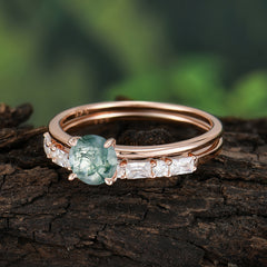 Round Cut Moss Agate Solitaire Ring with Wedding Band Bridal Set