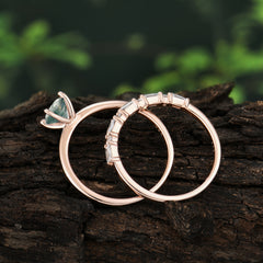 Round Cut Moss Agate Solitaire Ring with Wedding Band Bridal Set