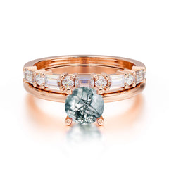 Round Cut Moss Agate Solitaire Ring with Wedding Band Bridal Set