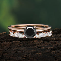 Round Cut Black Onyx Solitaire Ring with Wedding Band Bridal Set