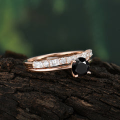 Round Cut Black Onyx Solitaire Ring with Wedding Band Bridal Set