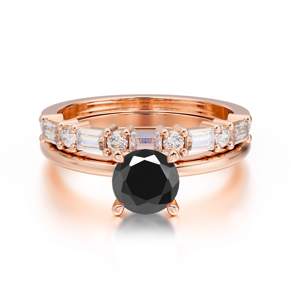 Round Cut Black Onyx Solitaire Ring with Wedding Band Bridal Set