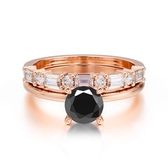Round Cut Black Onyx Solitaire Ring with Wedding Band Bridal Set