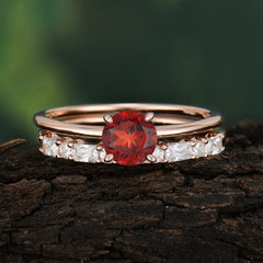 Round Cut Garnet Solitaire Ring with Wedding Band Bridal Set