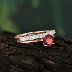 Round Cut Garnet Solitaire Ring with Wedding Band Bridal Set