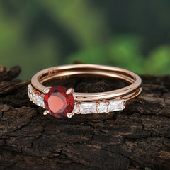Round Cut Garnet Solitaire Ring with Wedding Band Bridal Set