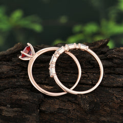 Round Cut Garnet Solitaire Ring with Wedding Band Bridal Set