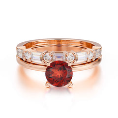 Round Cut Garnet Solitaire Ring with Wedding Band Bridal Set