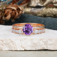 Round Cut Amethyst Solitaire Ring with Wedding Band Bridal Set