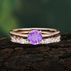 Round Cut Amethyst Solitaire Ring with Wedding Band Bridal Set