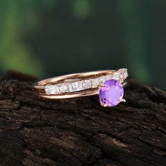 Round Cut Amethyst Solitaire Ring with Wedding Band Bridal Set