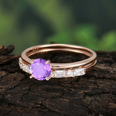 Round Cut Amethyst Solitaire Ring with Wedding Band Bridal Set