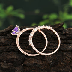 Round Cut Amethyst Solitaire Ring with Wedding Band Bridal Set