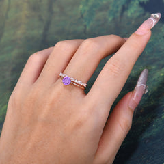 Round Cut Amethyst Solitaire Ring with Wedding Band Bridal Set