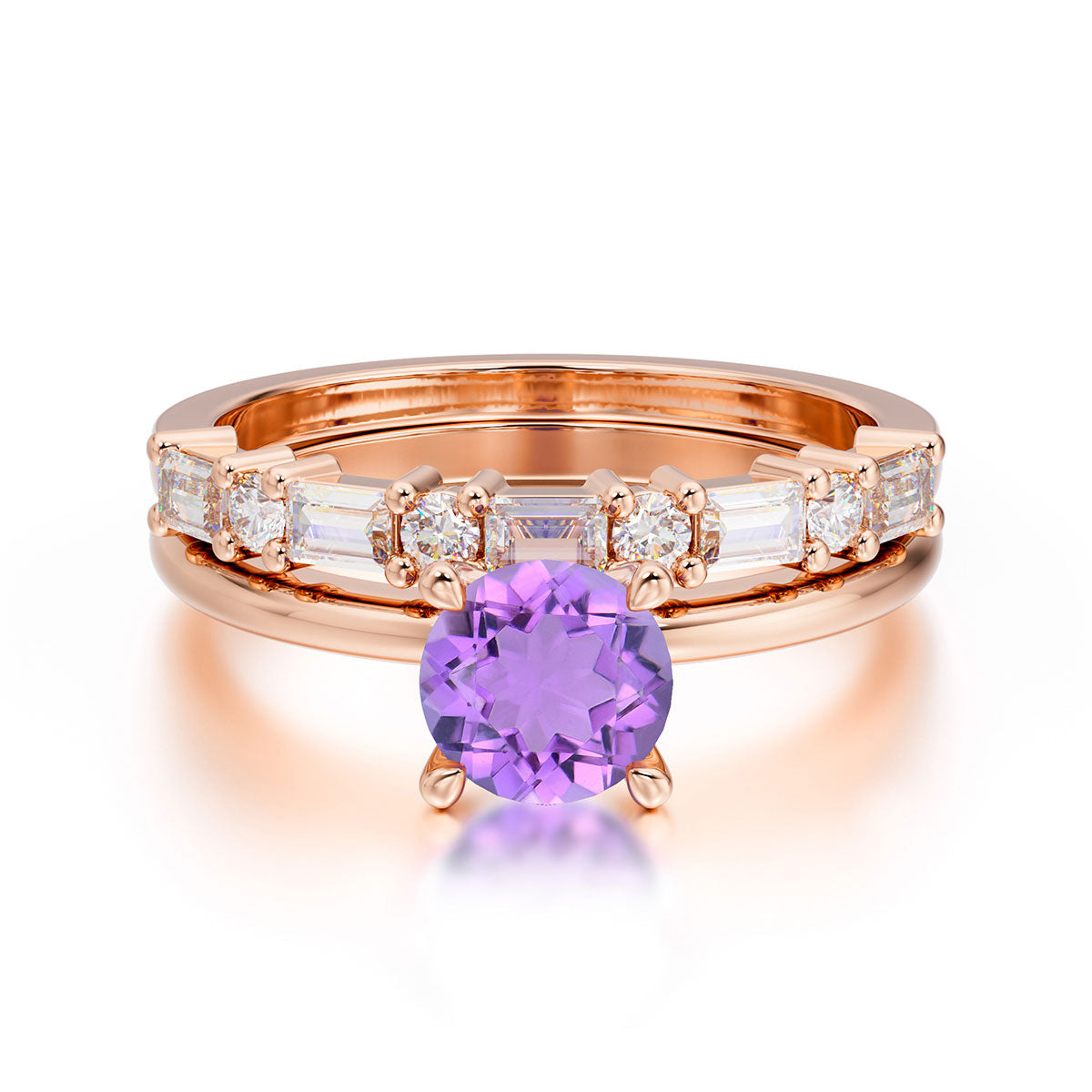 Round Cut Amethyst Solitaire Ring with Wedding Band Bridal Set
