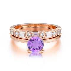 Round Cut Amethyst Solitaire Ring with Wedding Band Bridal Set