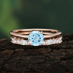 Round Cut Aquamarine Solitaire Ring with Wedding Band Bridal Set