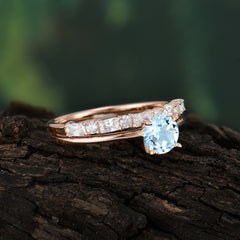 Round Cut Aquamarine Solitaire Ring with Wedding Band Bridal Set
