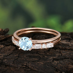 Round Cut Aquamarine Solitaire Ring with Wedding Band Bridal Set
