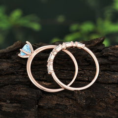 Round Cut Aquamarine Solitaire Ring with Wedding Band Bridal Set
