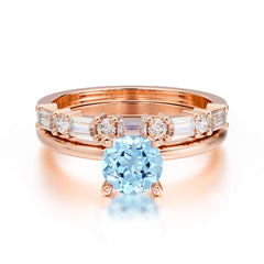 Round Cut Aquamarine Solitaire Ring with Wedding Band Bridal Set