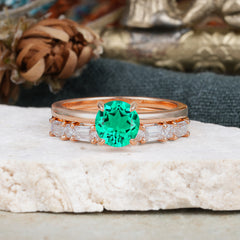 Round Cut Emerald Solitaire Ring with Wedding Band Bridal Set