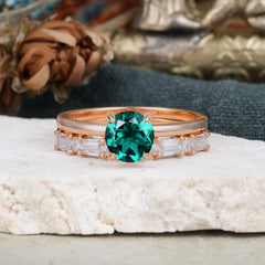 Round Cut Emerald Solitaire Ring with Wedding Band Bridal Set