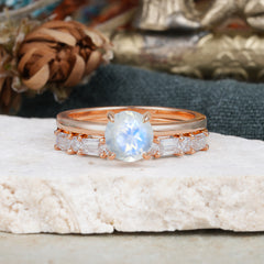 4 Prong Round Cut Moonstone Solitaire Ring with Wedding Band Bridal Set
