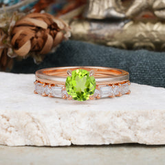 Round Cut Peridot Solitaire Ring with Wedding Band Bridal Set