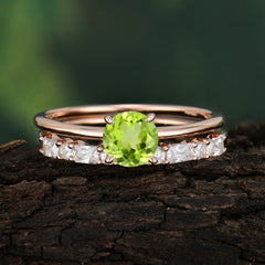 Round Cut Peridot Solitaire Ring with Wedding Band Bridal Set