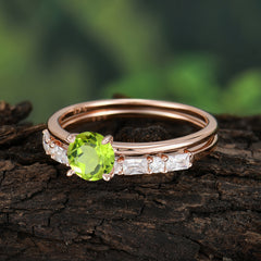 Round Cut Peridot Solitaire Ring with Wedding Band Bridal Set