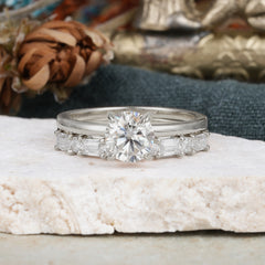 Round Cut Moissanite Solitaire Ring with Wedding Band Bridal Set