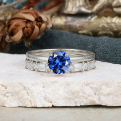 4 Prong Round Cut Sapphire Solitaire Ring with Wedding Band Bridal Set