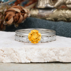 4 Prong Round Cut Citrine Solitaire Ring with Wedding Band Bridal Set