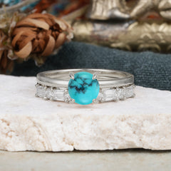 4 Prong Round Cut Turquoise Solitaire Ring with Wedding Band Bridal Set
