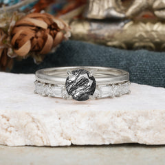 4 Prong Round Cut Black Rutilated Quartz Solitaire Ring with Wedding Band Bridal Set